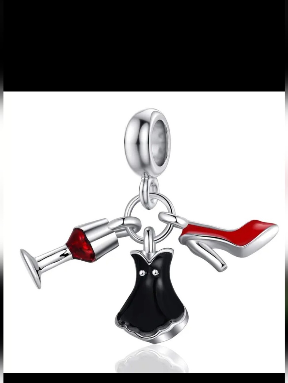 Silver Charm Dangle with Black Dress, Red Heel & Red Wine